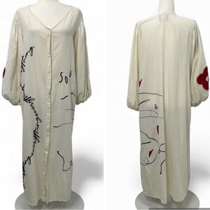 Woman White Tunic Shirt dress script Embroidery balloon Sleeve boho hippie Sz S